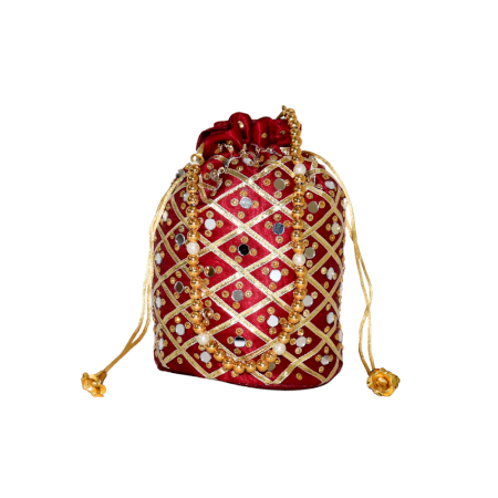 Traditional Handmade Cotton Red Potli Bag with Beads and Mirror Work